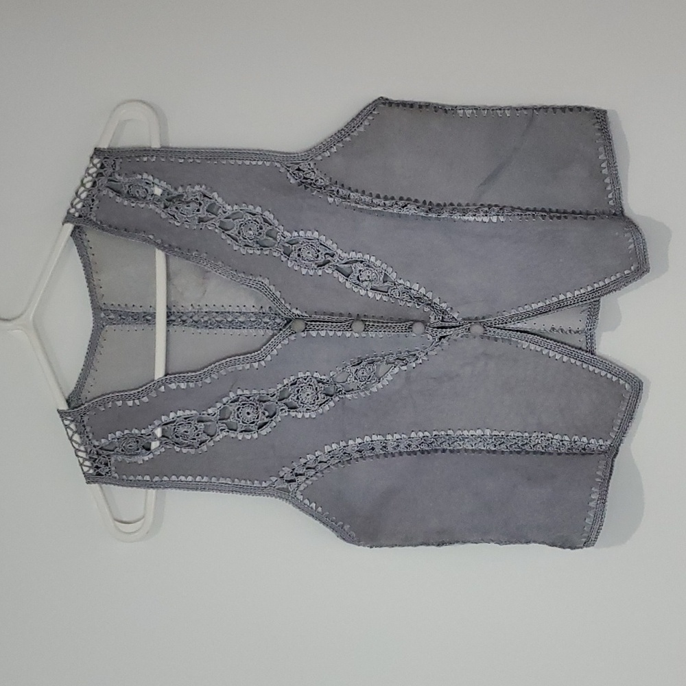 Beautiful Boho Patchwork Suede & Crochet Detail Artisan Grey Vest Size M